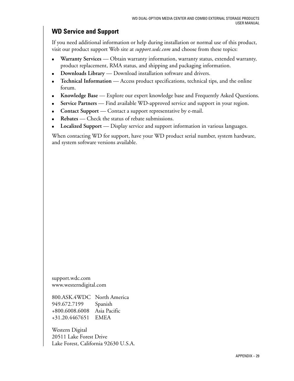 Wd service and support | Western Digital WD Dual-Option Media Center User Manual User Manual | Page 33 / 35