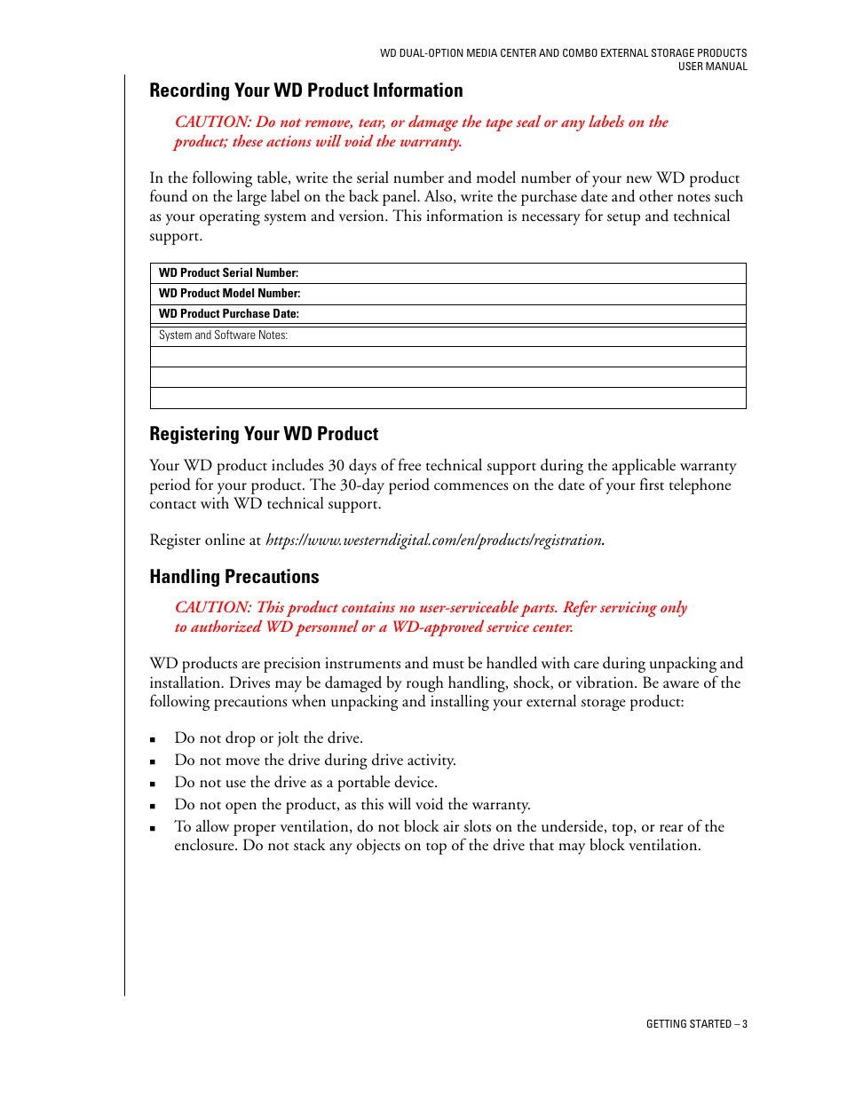 Recording your wd product information, Registering your wd product, Handling precautions | Western Digital WD Dual-Option Media Center User Manual User Manual | Page 7 / 35