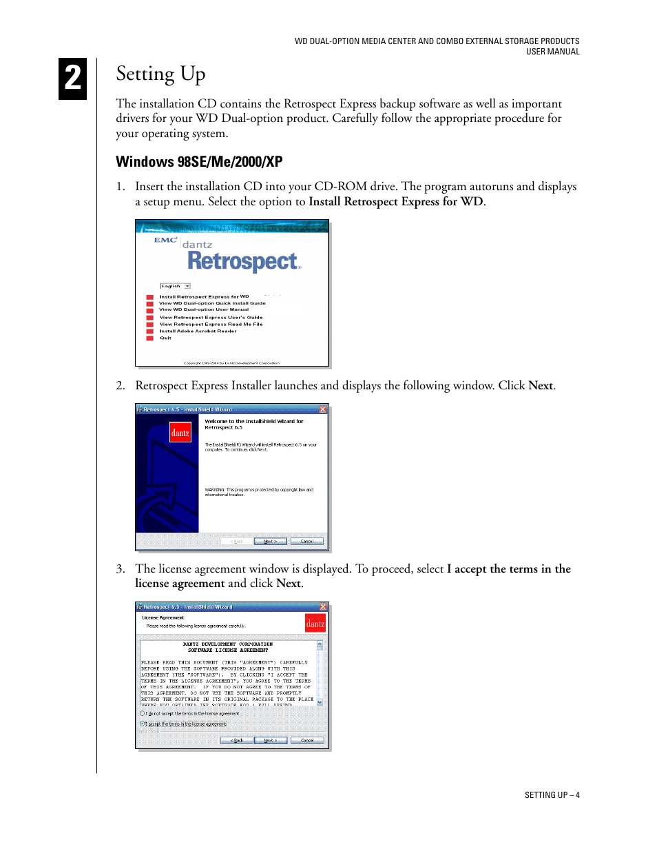 Setting up, Windows 98se/me/2000/xp | Western Digital WD Dual-Option Media Center User Manual User Manual | Page 8 / 35