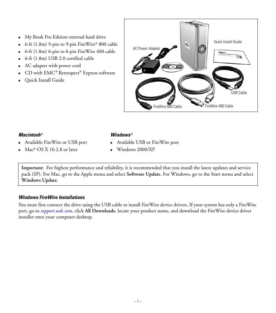 Before getting started, Kit contents, System requirements | Western Digital My Book Pro Edition Quick Install Guide User Manual | Page 2 / 9