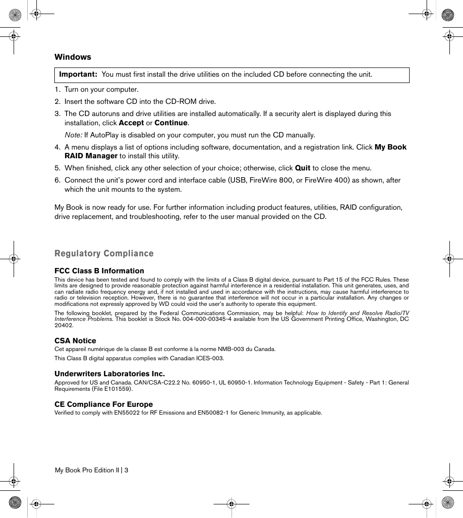 Regulatory compliance | Western Digital My Book Pro Edition II Quick Install Guide User Manual | Page 4 / 5