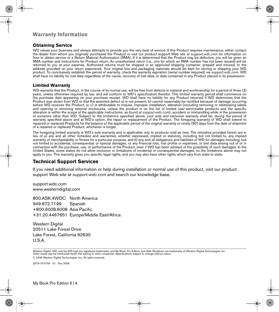 Warranty information, Technical support services | Western Digital My Book Pro Edition II Quick Install Guide User Manual | Page 5 / 5