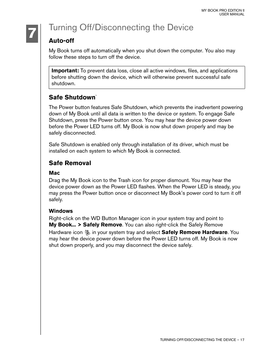 Turning off/disconnecting the device, Auto-off, Safe shutdown | Safe removal, Windows | Western Digital My Book Pro Edition II User Manual User Manual | Page 20 / 29