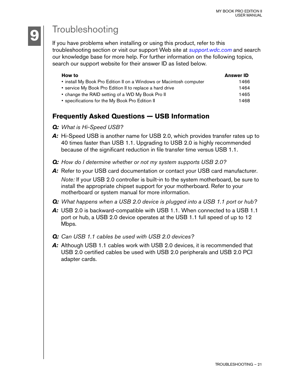 Troubleshooting, Frequently asked questions - usb information, Frequently asked questions — usb information | Western Digital My Book Pro Edition II User Manual User Manual | Page 24 / 29