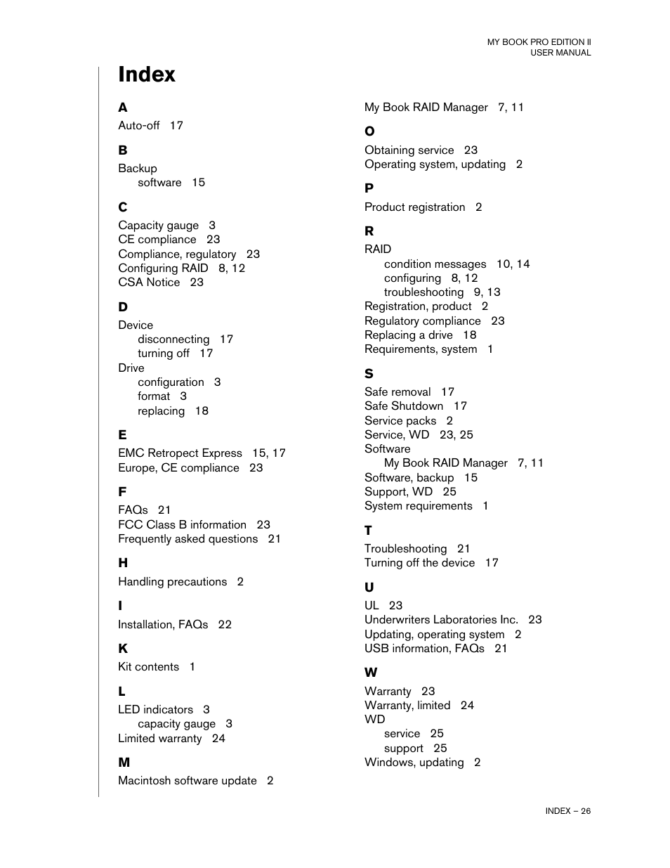 Index | Western Digital My Book Pro Edition II User Manual User Manual | Page 29 / 29