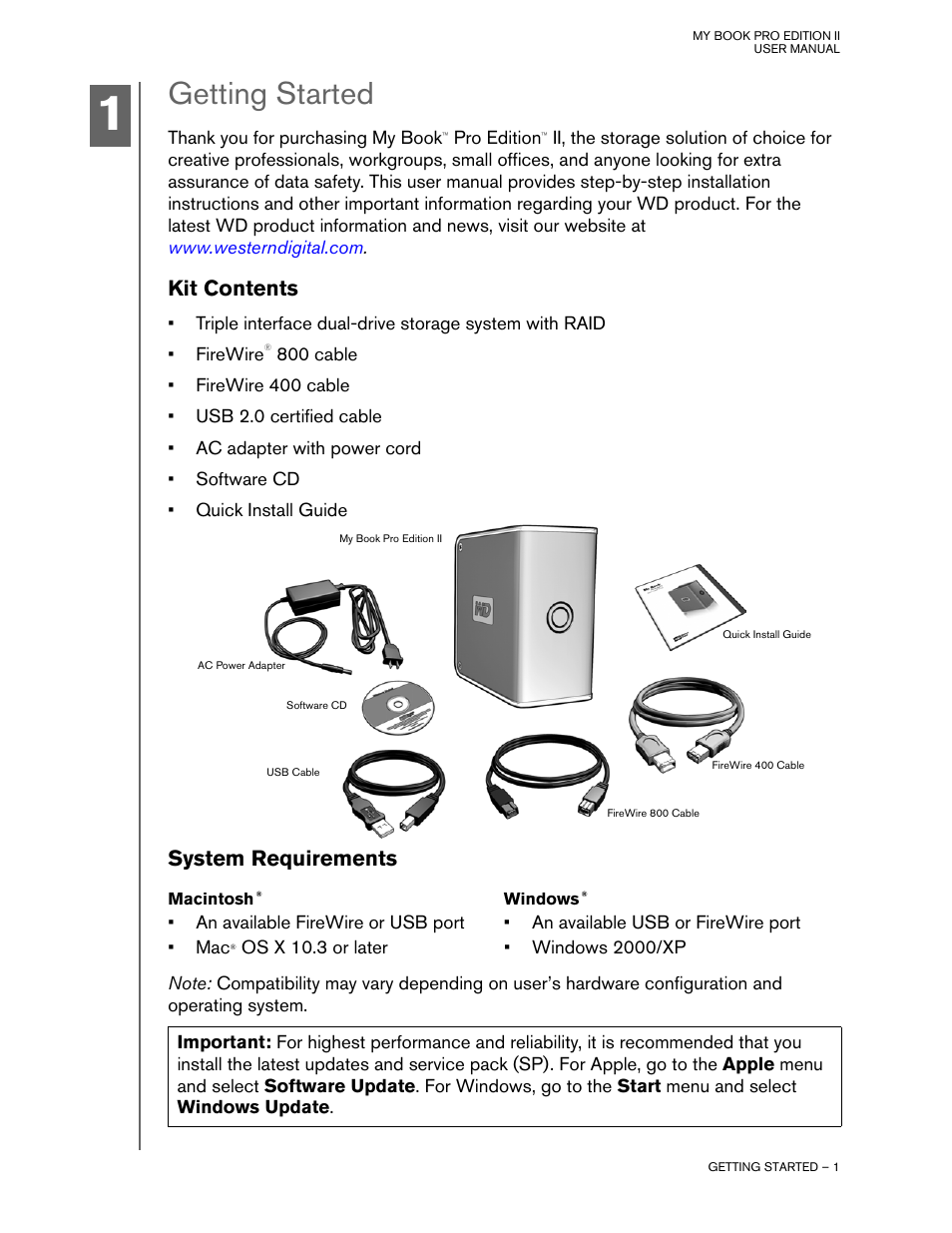 Getting started, Kit contents, System requirements | Macintosh, Windows | Western Digital My Book Pro Edition II User Manual User Manual | Page 4 / 29