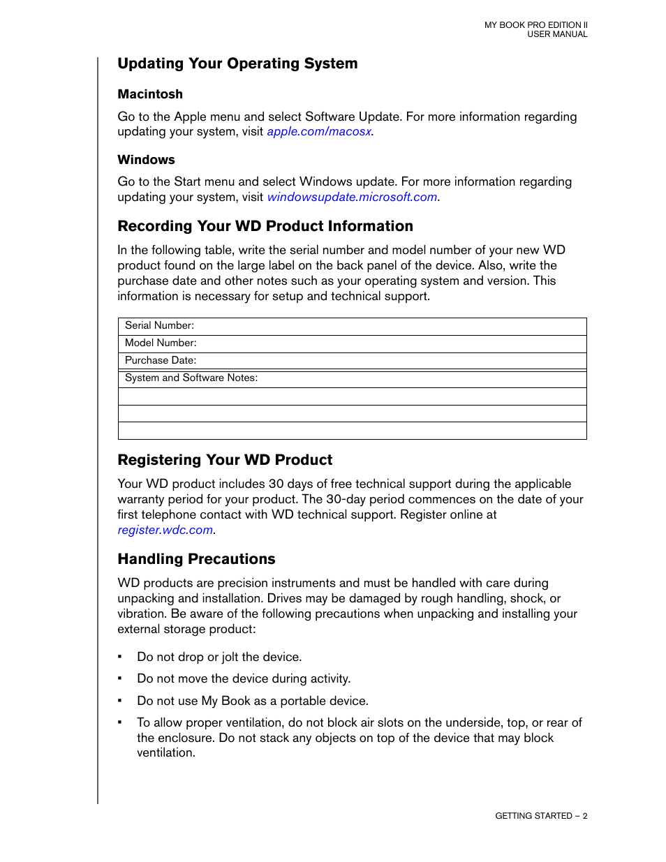 Updating your operating system, Macintosh, Windows | Recording your wd product information, Registering your wd product, Handling precautions | Western Digital My Book Pro Edition II User Manual User Manual | Page 5 / 29