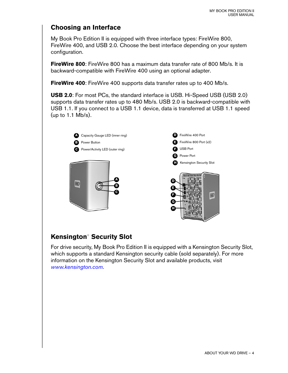 Kensington® security slot, Choosing an interface, Kensington | Security slot | Western Digital My Book Pro Edition II User Manual User Manual | Page 7 / 29