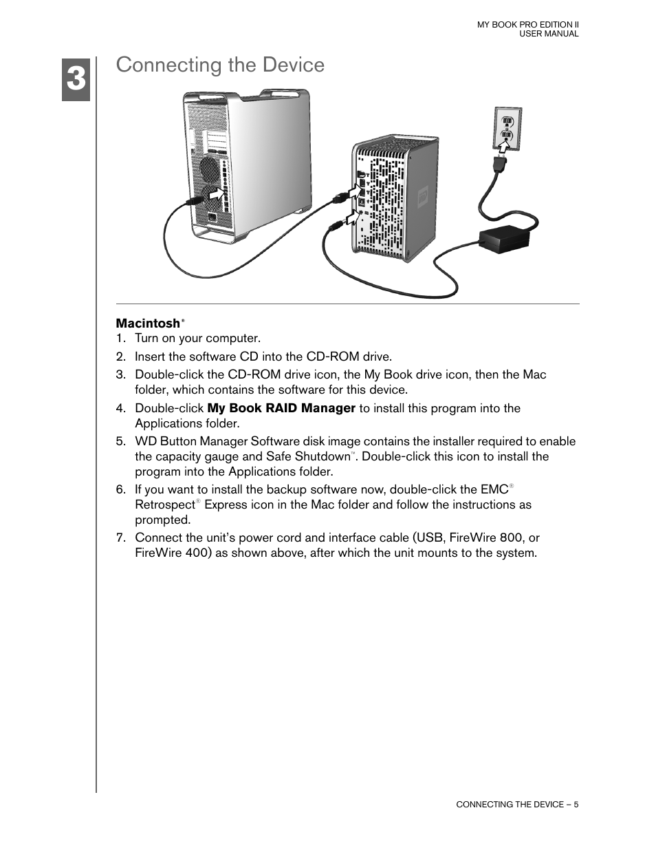 Connecting the device, Macintosh | Western Digital My Book Pro Edition II User Manual User Manual | Page 8 / 29