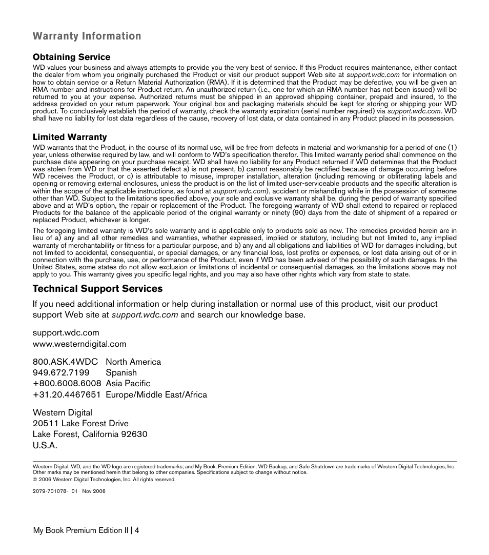 Warranty information, Technical support services | Western Digital My Book Premium Edition II Quick Install Guide User Manual | Page 5 / 5