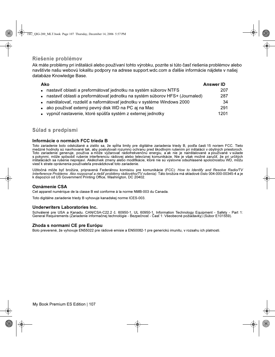 Riešenie problémov, Súlad s predpismi | Western Digital My Book Premium ES Edition Quick Install Guide User Manual | Page 108 / 121