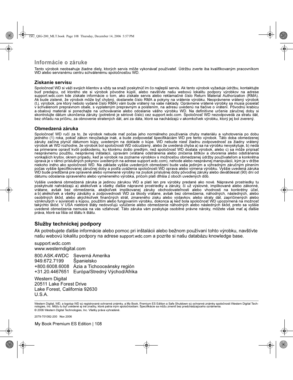 Informácie o záruke, Služby technickej podpory | Western Digital My Book Premium ES Edition Quick Install Guide User Manual | Page 109 / 121