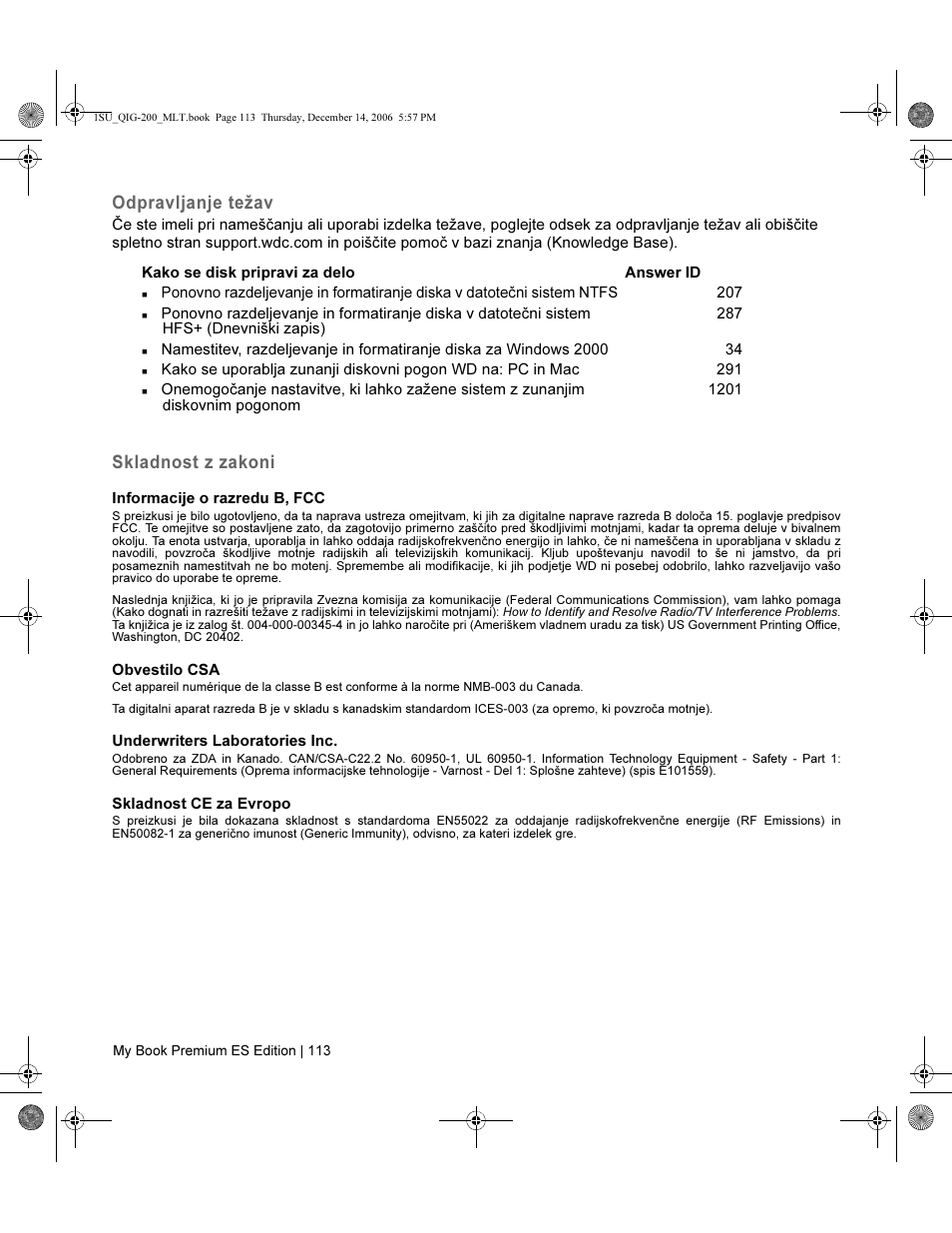 Odpravljanje težav, Skladnost z zakoni | Western Digital My Book Premium ES Edition Quick Install Guide User Manual | Page 114 / 121