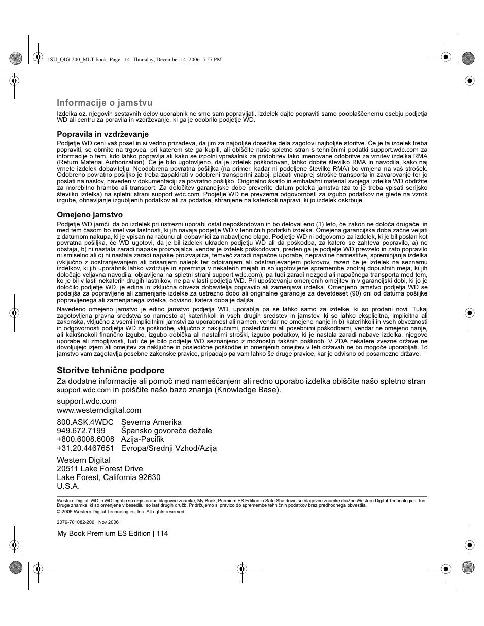 Informacije o jamstvu | Western Digital My Book Premium ES Edition Quick Install Guide User Manual | Page 115 / 121