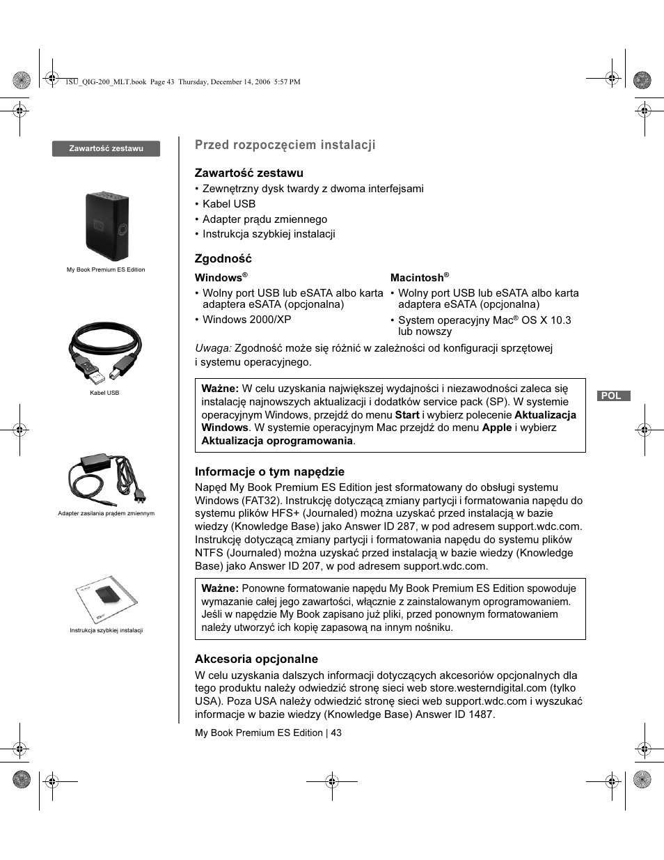 Przed rozpoczęciem instalacji | Western Digital My Book Premium ES Edition Quick Install Guide User Manual | Page 44 / 121