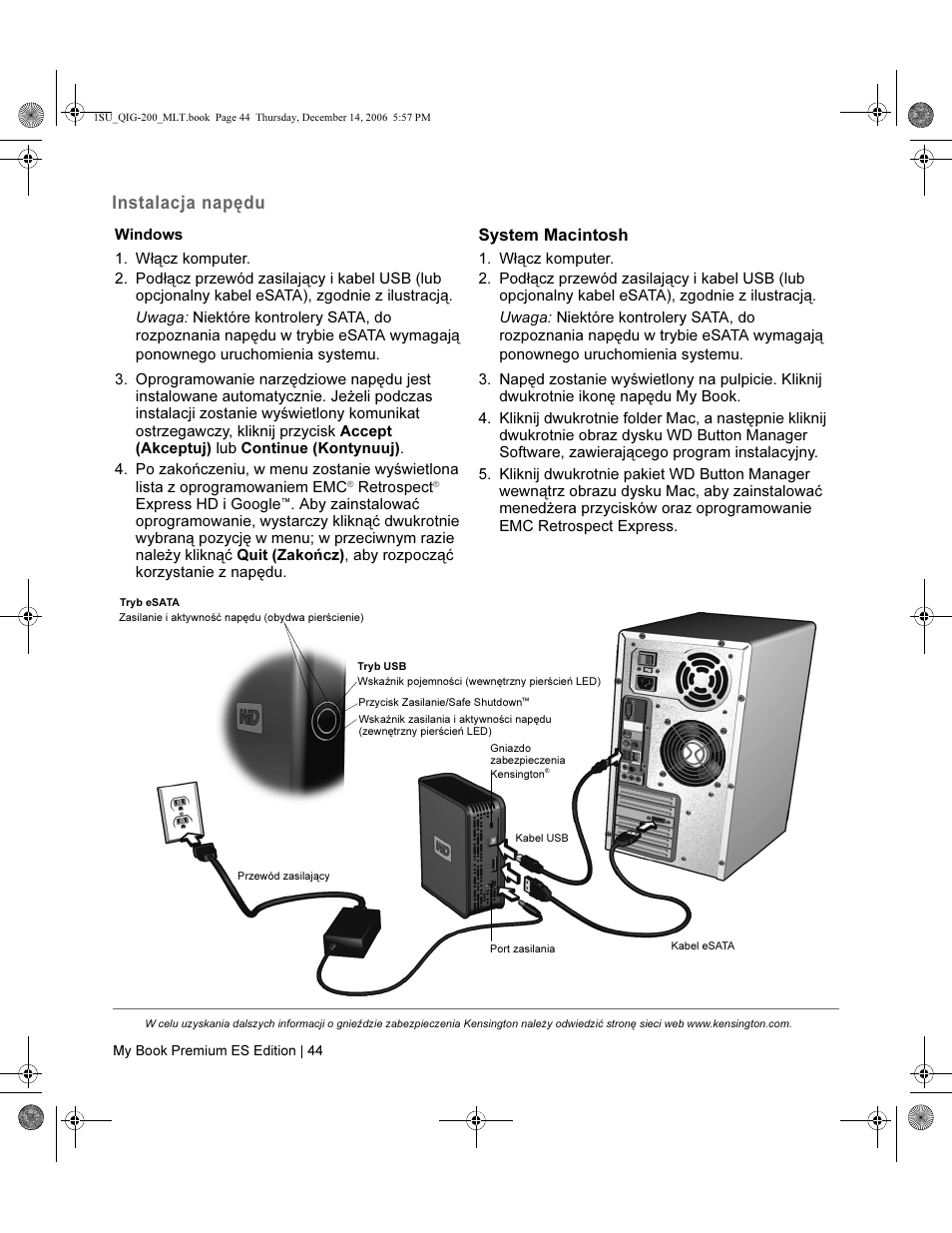 Instalacja napędu, System macintosh | Western Digital My Book Premium ES Edition Quick Install Guide User Manual | Page 45 / 121