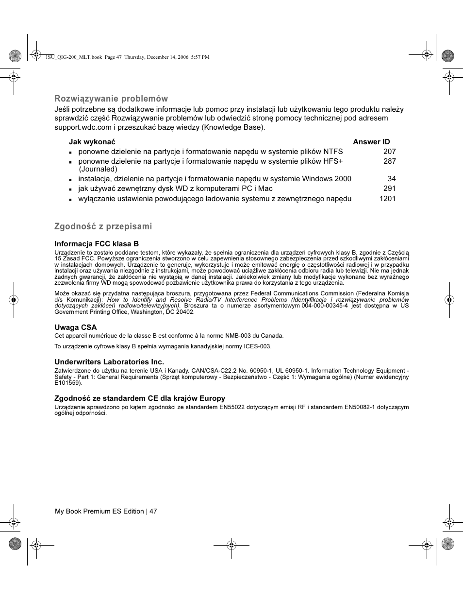 Rozwiązywanie problemów, Zgodność z przepisami | Western Digital My Book Premium ES Edition Quick Install Guide User Manual | Page 48 / 121