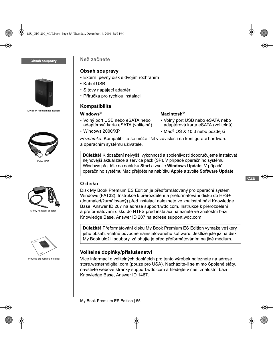Než začnete | Western Digital My Book Premium ES Edition Quick Install Guide User Manual | Page 56 / 121