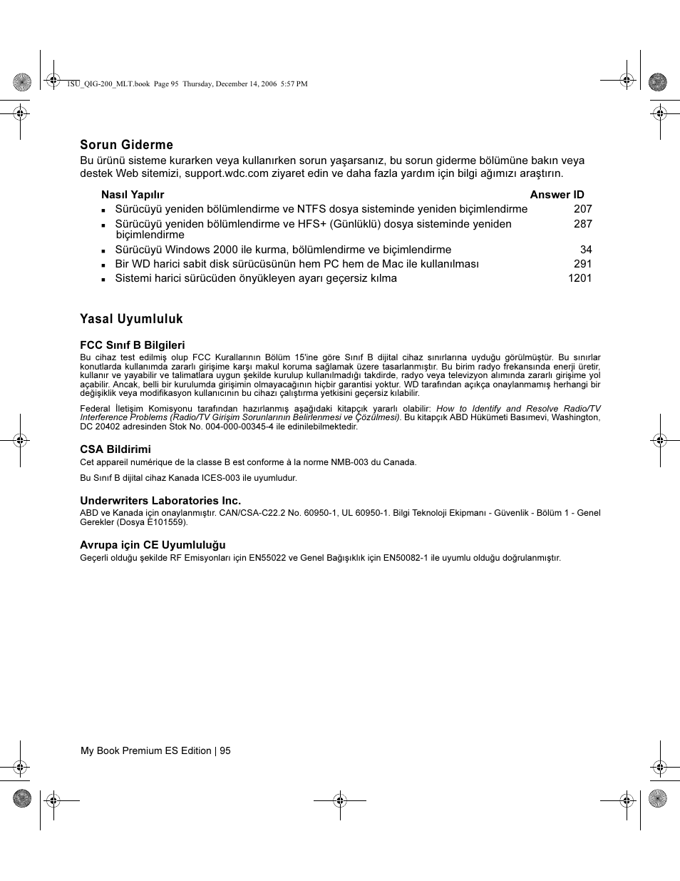 Sorun giderme, Yasal uyumluluk | Western Digital My Book Premium ES Edition Quick Install Guide User Manual | Page 96 / 121