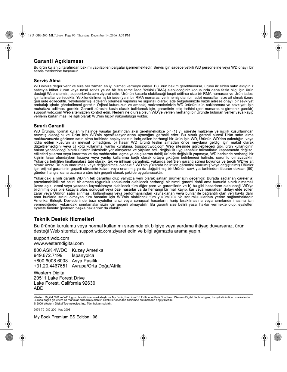 Garanti açıklaması | Western Digital My Book Premium ES Edition Quick Install Guide User Manual | Page 97 / 121