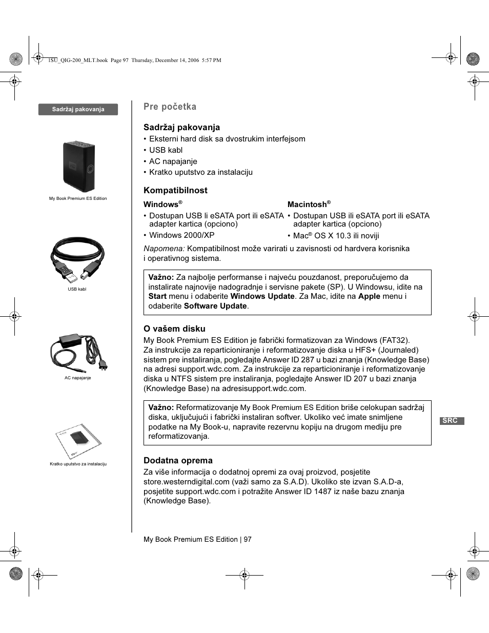 Pre početka | Western Digital My Book Premium ES Edition Quick Install Guide User Manual | Page 98 / 121