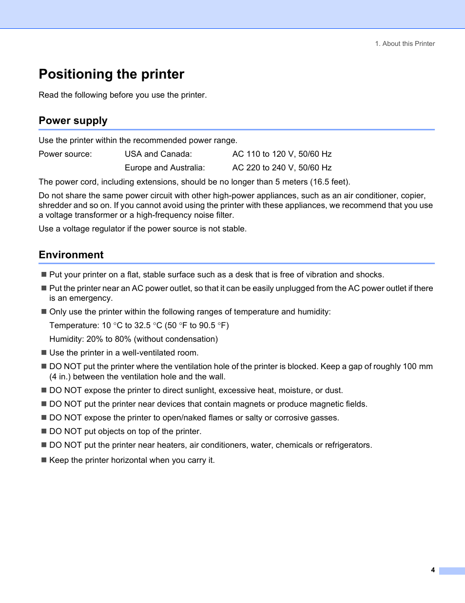 Positioning the printer, Power supply, Environment | Power supply environment | Brother HL-5280DW User Manual | Page 12 / 152