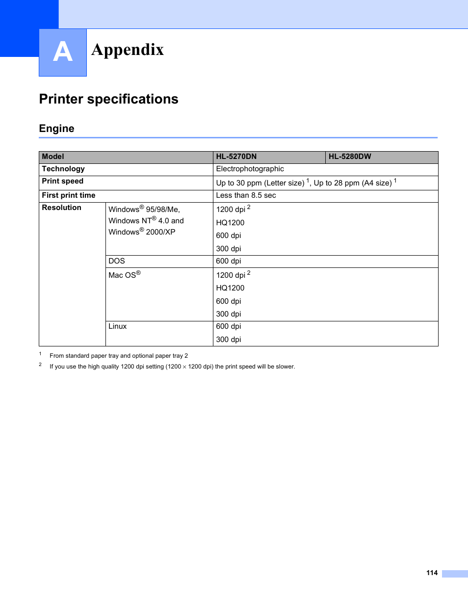 Appendix a, Printer specifications, Engine | Appendix | Brother HL-5280DW User Manual | Page 122 / 152