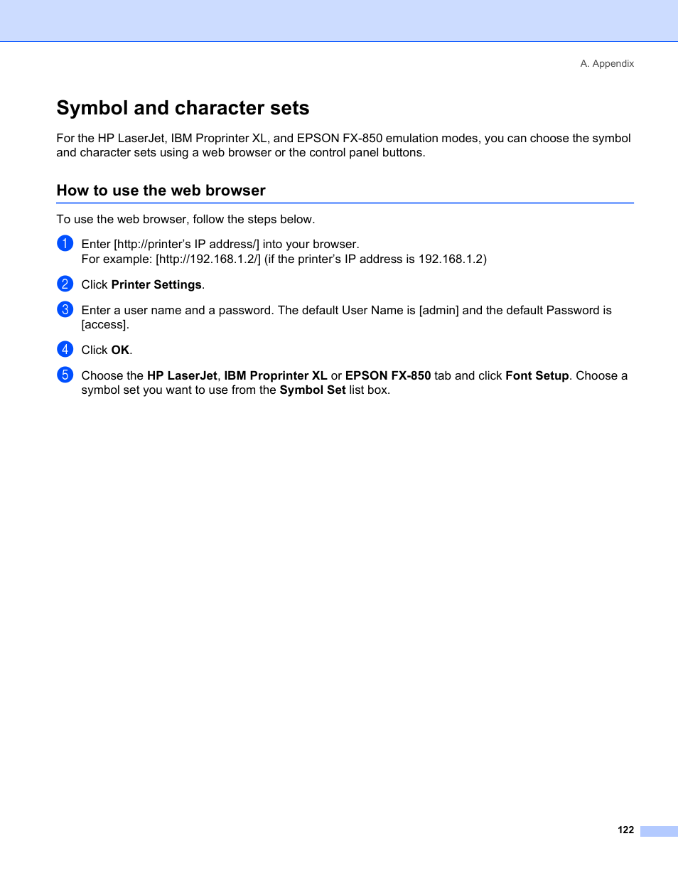 Symbol and character sets, How to use the web browser | Brother HL-5280DW User Manual | Page 130 / 152