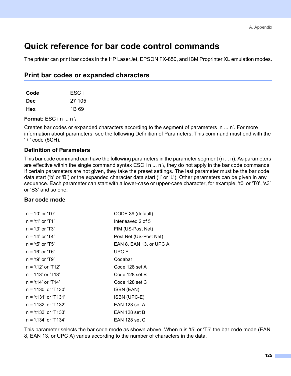 Quick reference for bar code control commands, Print bar codes or expanded characters, Definition of parameters | Bar code mode | Brother HL-5280DW User Manual | Page 133 / 152