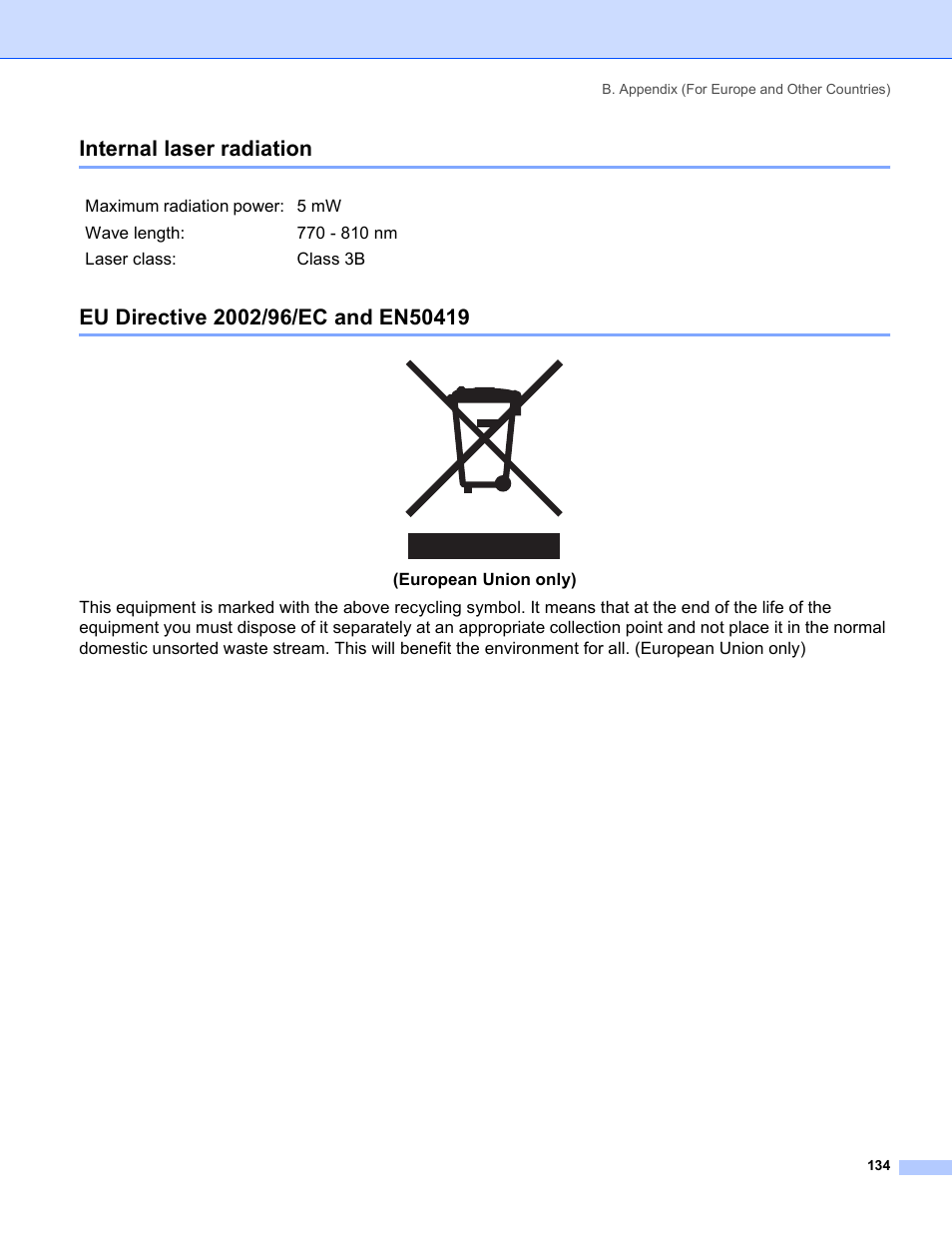 Internal laser radiation, Eu directive 2002/96/ec and en50419 | Brother HL-5280DW User Manual | Page 142 / 152