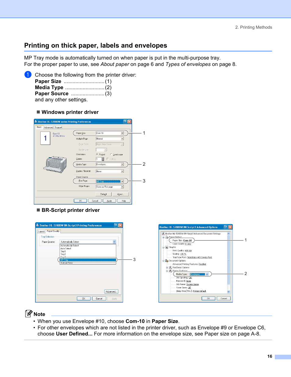 Printing on thick paper, labels and envelopes | Brother HL-5280DW User Manual | Page 24 / 152