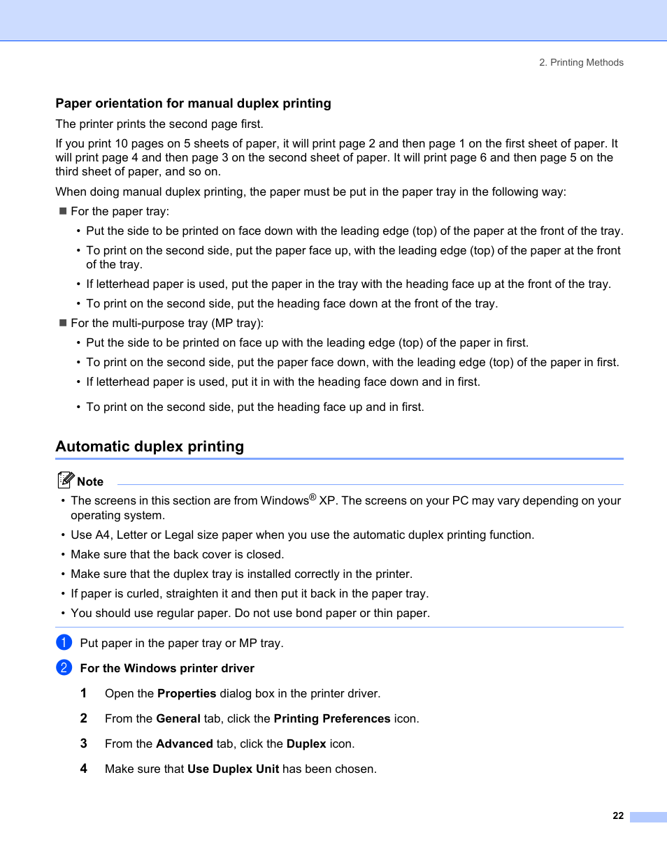Paper orientation for manual duplex printing, Automatic duplex printing | Brother HL-5280DW User Manual | Page 30 / 152