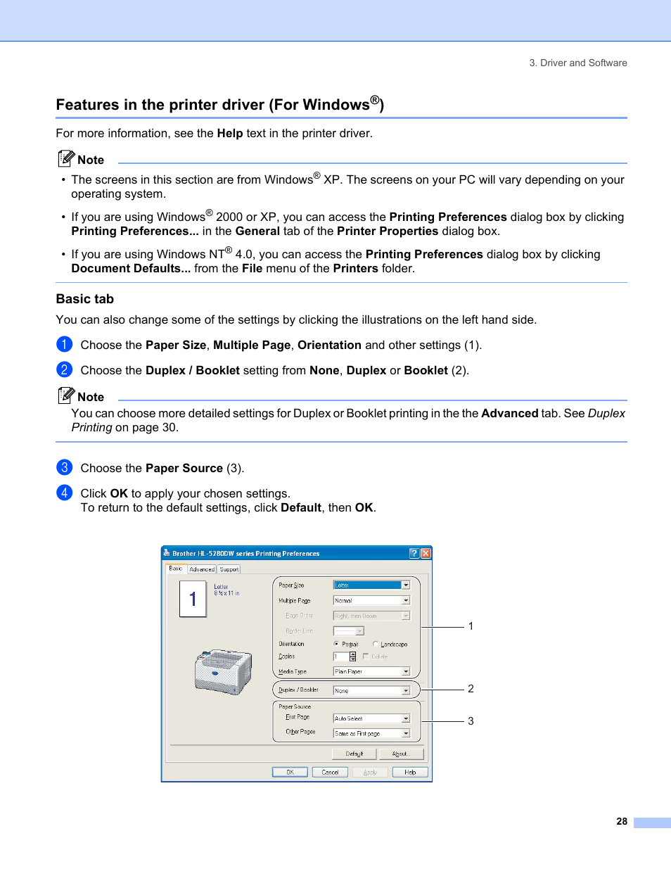 Features in the printer driver (for windows®), Basic tab, Features in the printer driver (for windows | Brother HL-5280DW User Manual | Page 36 / 152