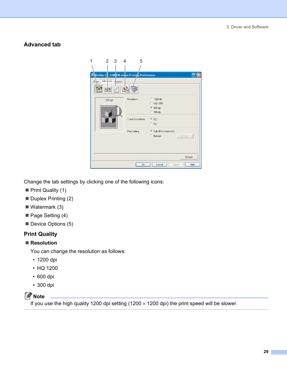 Advanced tab, Print quality | Brother HL-5280DW User Manual | Page 37 / 152