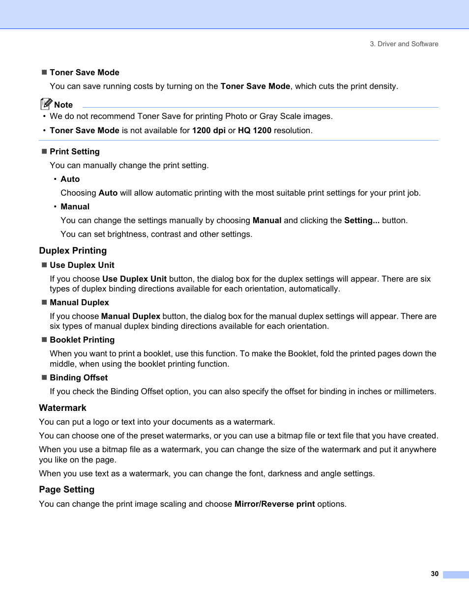 Duplex printing, Watermark | Brother HL-5280DW User Manual | Page 38 / 152