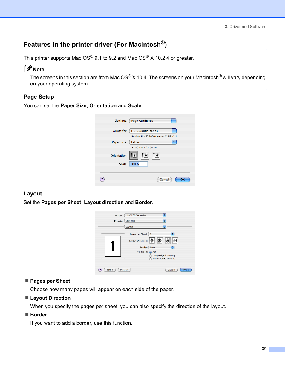 Features in the printer driver (for macintosh®), Layout, Features in the printer driver (for macintosh | Brother HL-5280DW User Manual | Page 47 / 152