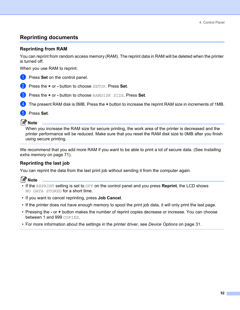 Reprinting documents, Reprinting from ram, Reprinting the last job | Brother HL-5280DW User Manual | Page 60 / 152