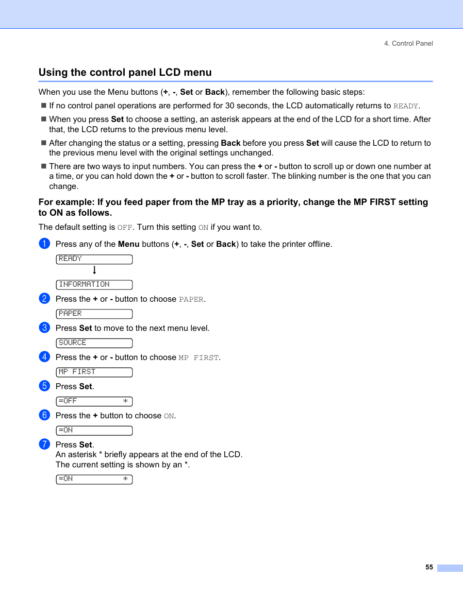 Using the control panel lcd menu | Brother HL-5280DW User Manual | Page 63 / 152
