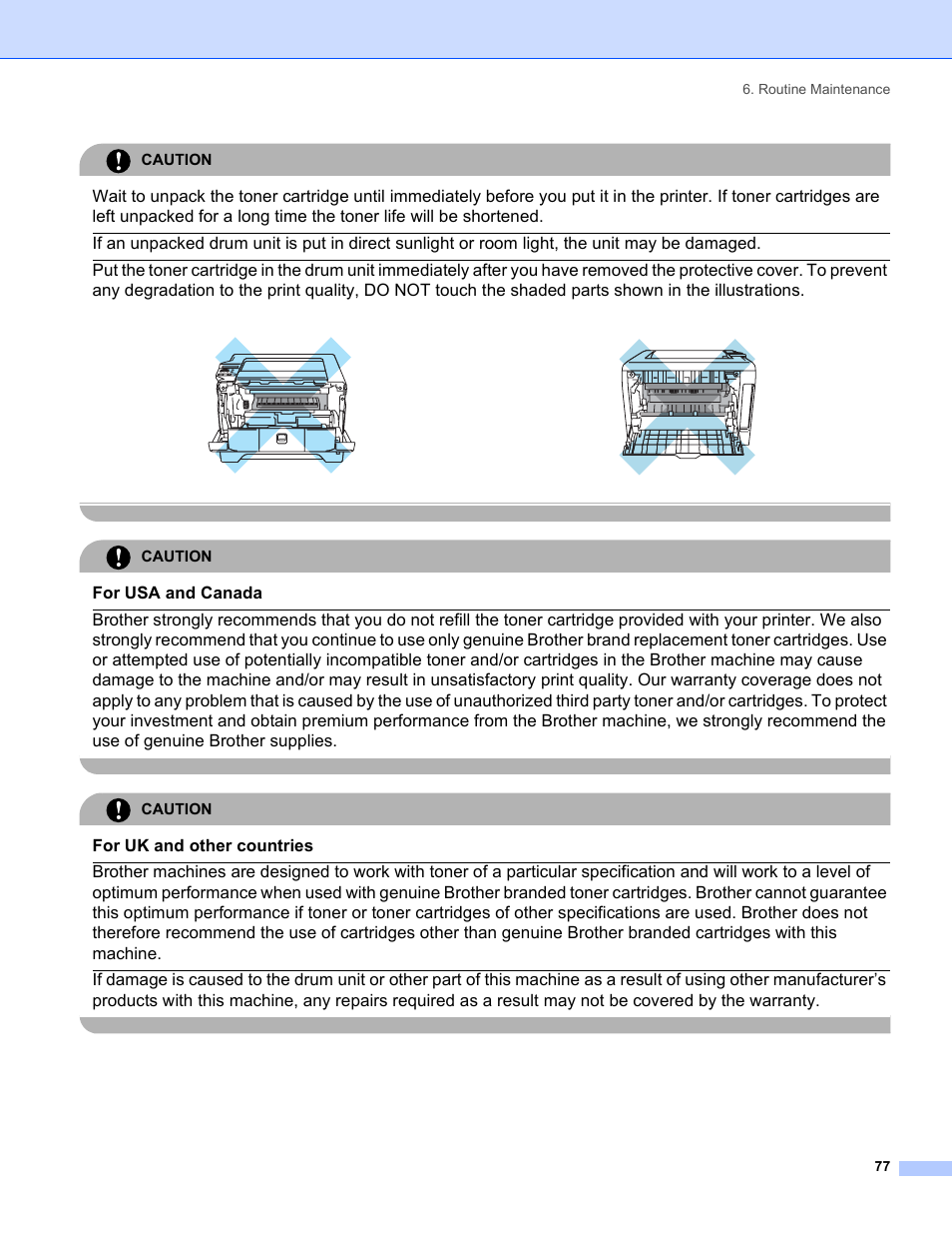 For usa and canada, For uk and other countries, Caution | Routine maintenance 77 | Brother HL-5280DW User Manual | Page 85 / 152