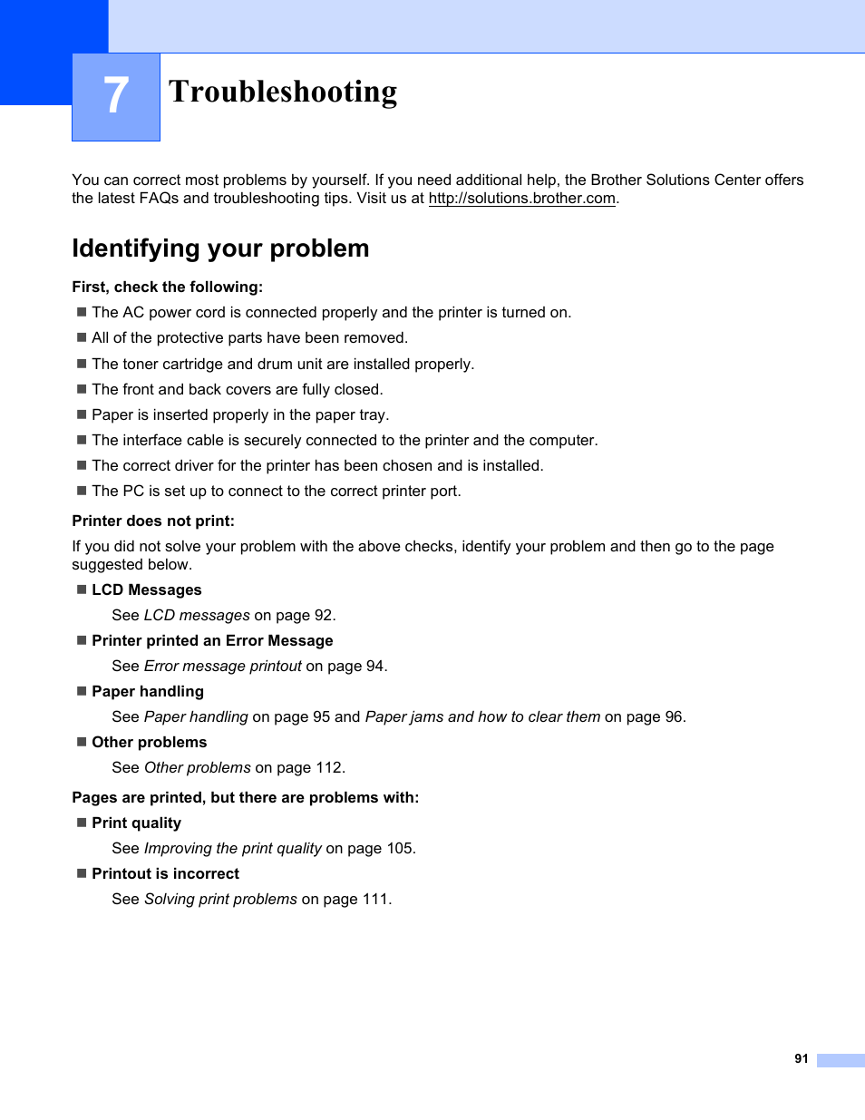 7 troubleshooting, Identifying your problem, Troubleshooting | Brother HL-5280DW User Manual | Page 99 / 152