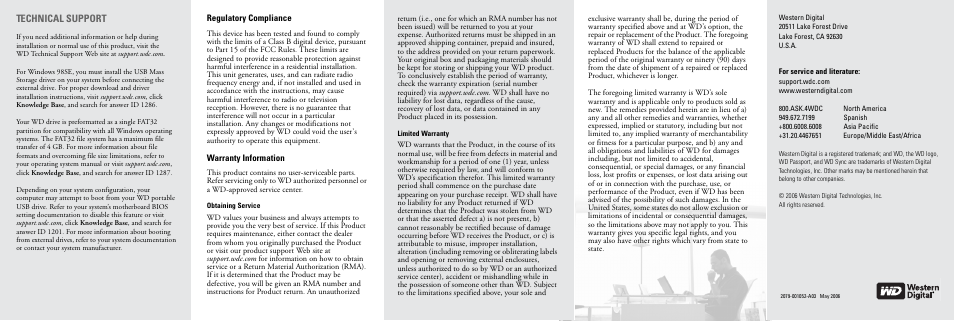 Technical support | Western Digital WD Passport (Silver) Quick Install Guide User Manual | Page 2 / 2