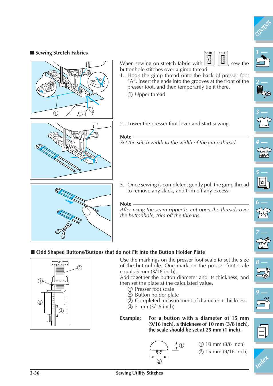 Sewing stretch fabrics -56, Odd shaped buttons/buttons that do, Not fit into the button holder plate -56 | Brother ULT 2003D User Manual | Page 129 / 321