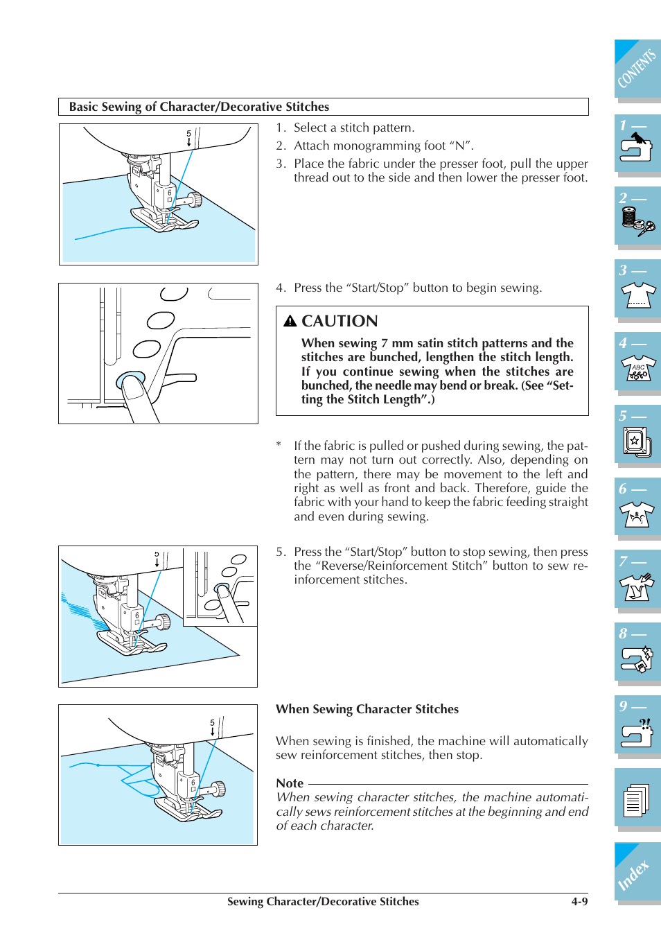 Basic sewing of character/ decorative stitches -9, Caution | Brother ULT 2003D User Manual | Page 152 / 321