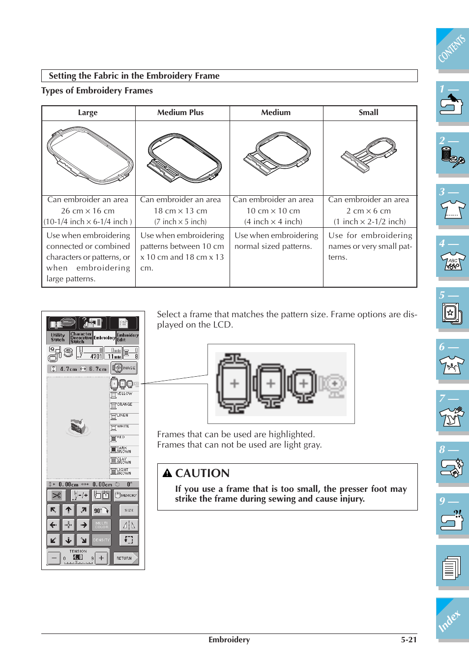 Setting the fabric in the embroidery frame -21, Caution | Brother ULT 2003D User Manual | Page 196 / 321