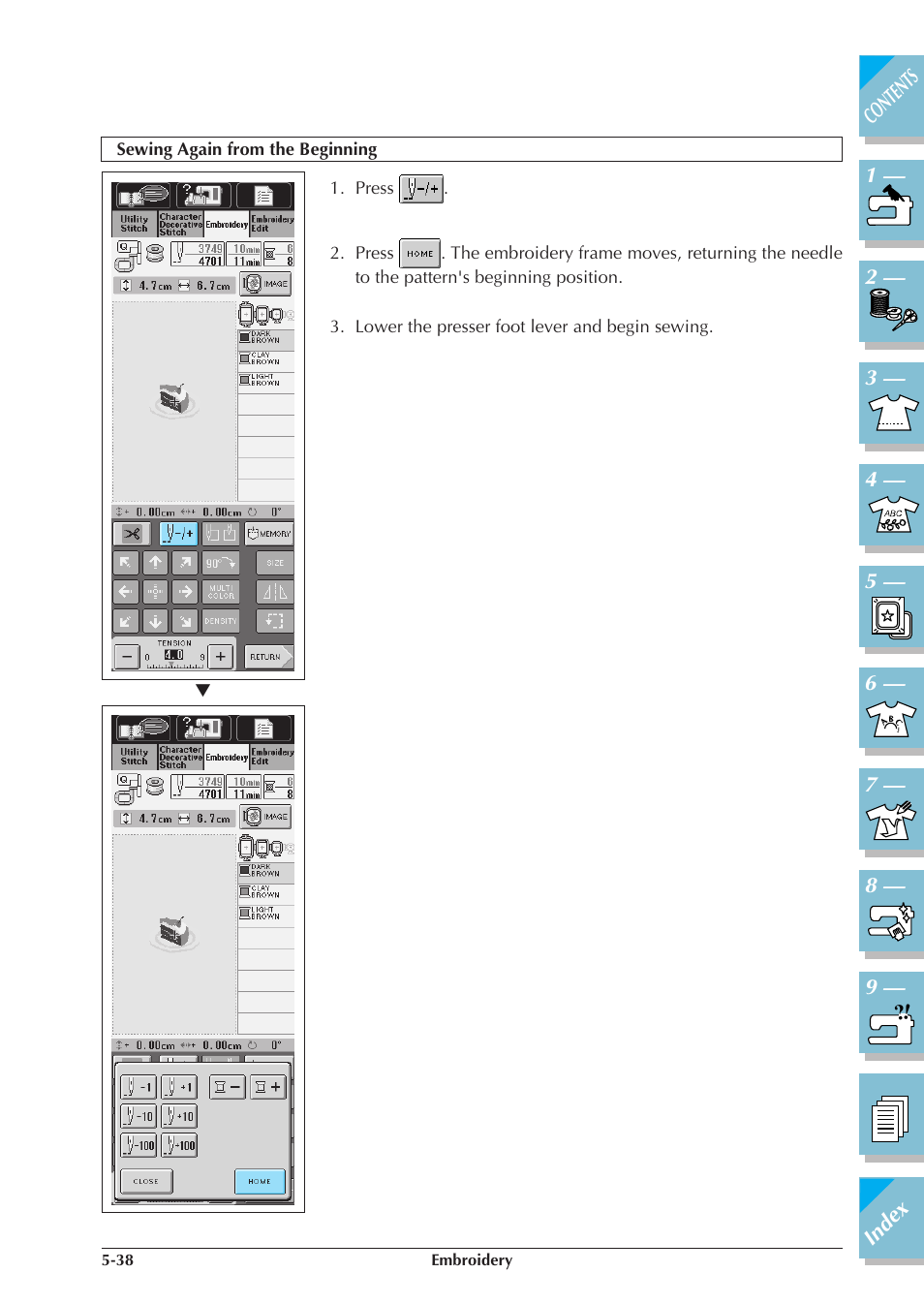 Sewing again from the beginning -38 | Brother ULT 2003D User Manual | Page 213 / 321