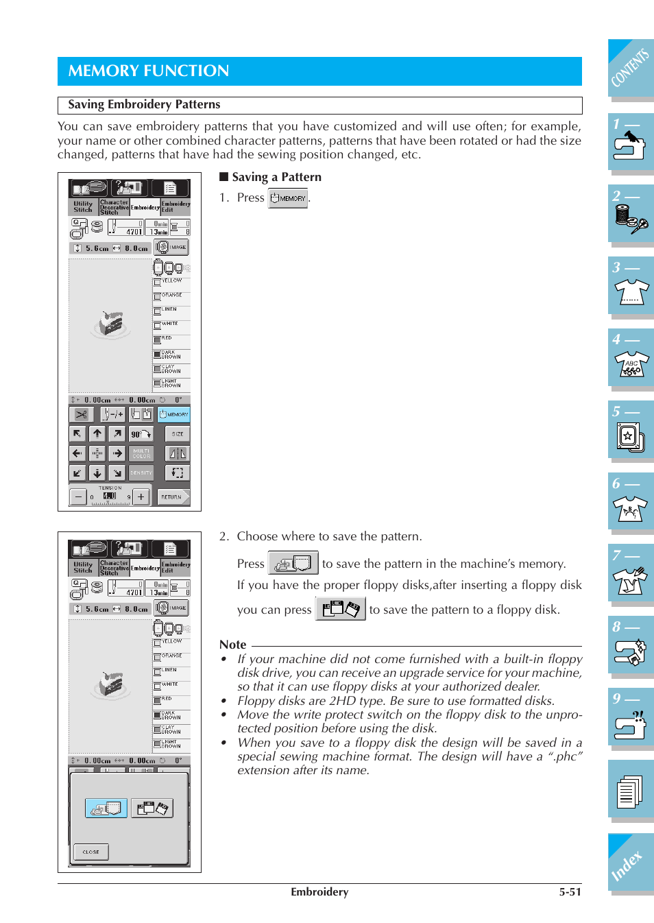 Memory function -51, Saving embroidery patterns -51, Saving a pattern -51 | Brother ULT 2003D User Manual | Page 226 / 321