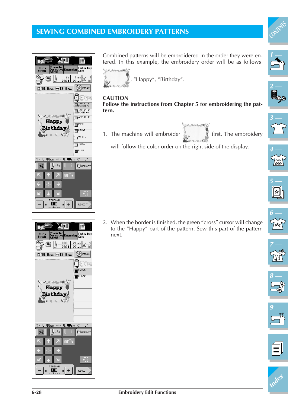 Sewing combined embroidery patterns -28, Sewing combined embroidery patterns | Brother ULT 2003D User Manual | Page 267 / 321