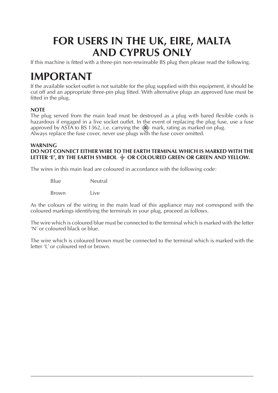 For users in the uk, eire, malta and cyprus only, Important | Brother ULT 2003D User Manual | Page 3 / 321