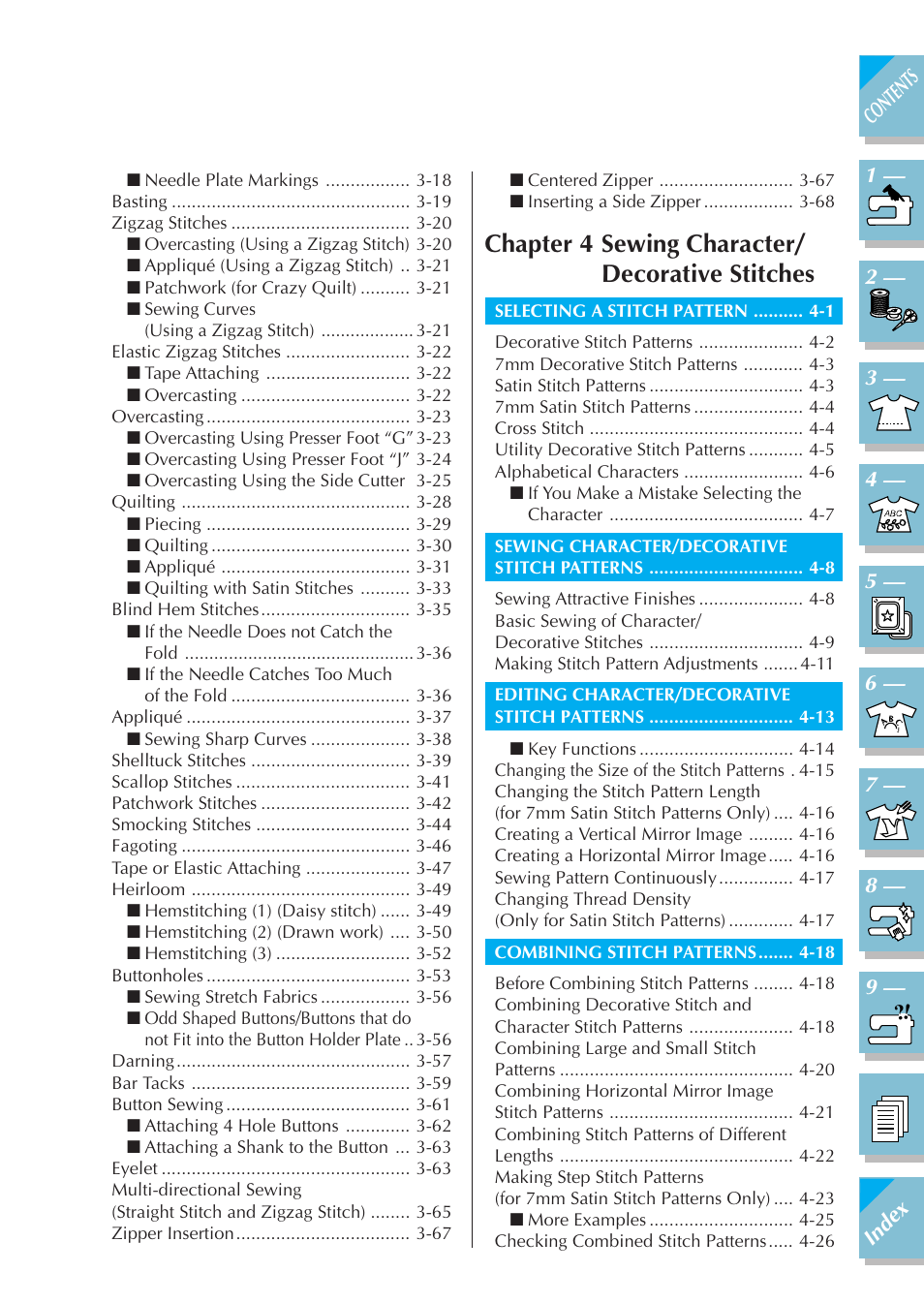 Chapter 4 sewing character/ decorative stitches | Brother ULT 2003D User Manual | Page 9 / 321