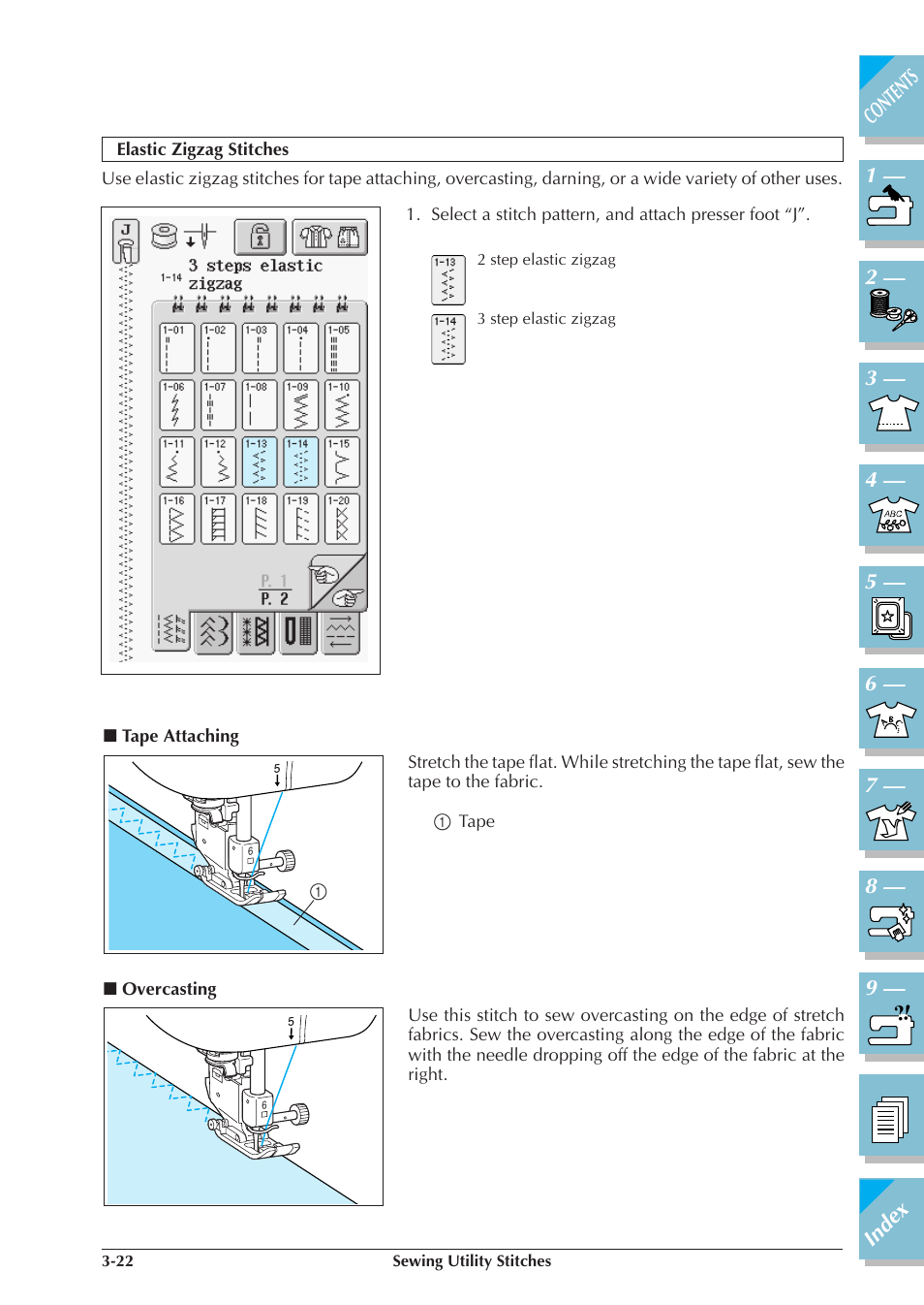 Elastic zigzag stitches -22, Tape attaching -22, Overcasting -22 | Brother ULT 2003D User Manual | Page 95 / 321